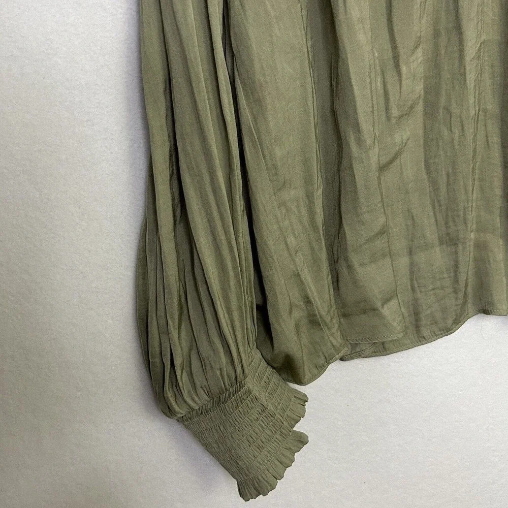 JOIE 1X Satin Long Sleeve Tie Neck Peasant Boho Blouse Green - Picture 3 of 7